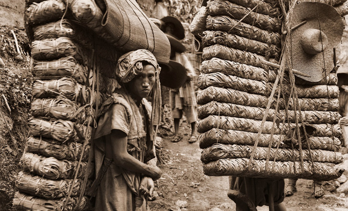 Men laden with 'Brick Tea' for Thibet. One man's load weighs 317 lbs.